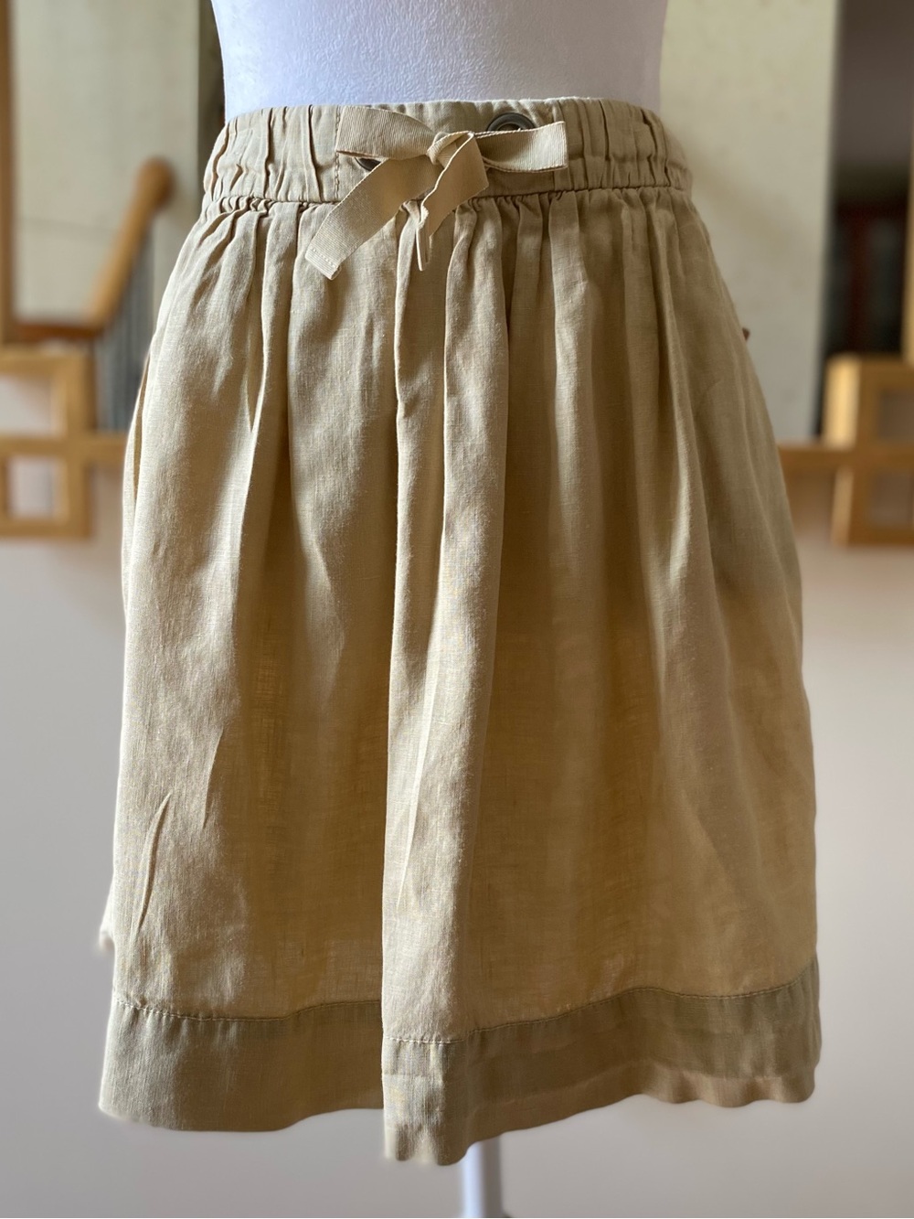 J.Crew Linen Vintage Mini Skirt Beige Size 8 Drawstring Elastic Waist A-Line